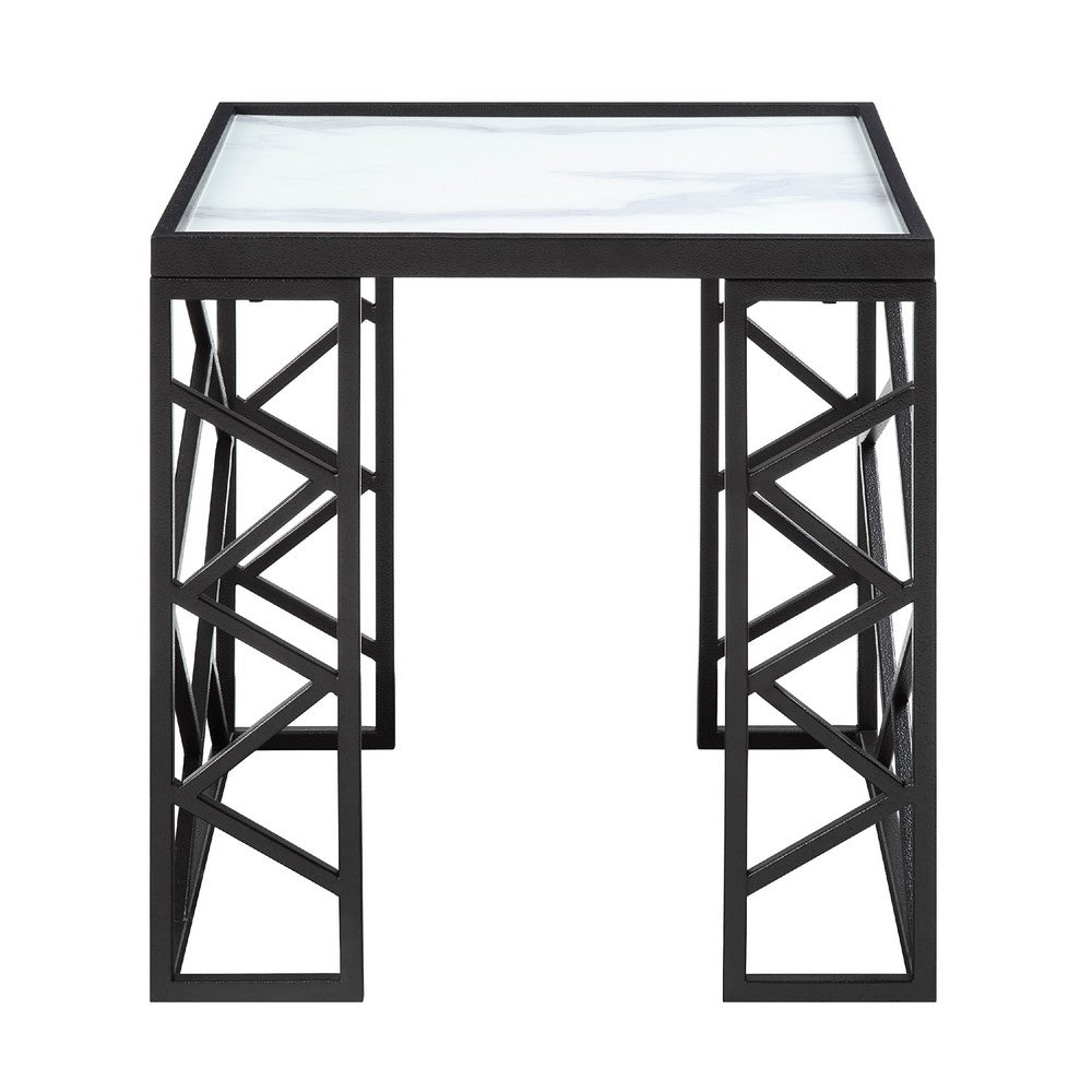 Anya 3pc Coffee and End Table Set, White Marble Print Glass Top, Black -BM336353