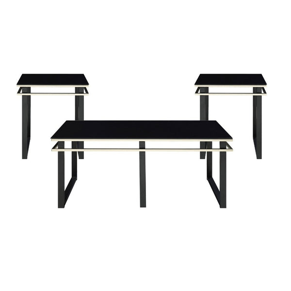 Zamie 3pc Coffee and End Table Set, Black Glass Top, Gold Accents -BM336354