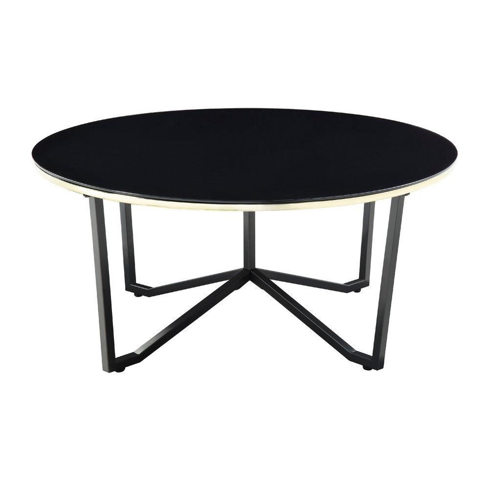 Amyra 3pc Occasional Coffee and End Table Set, Black Glass, Gold -BM336355