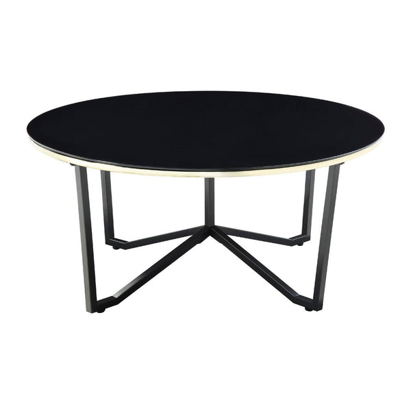 Amyra 3pc Occasional Coffee and End Table Set, Black Glass, Gold -BM336355