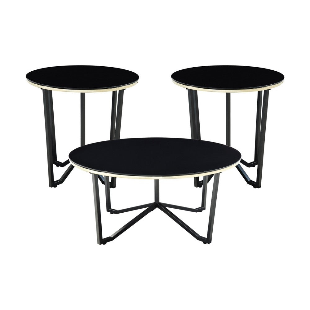 Amyra 3pc Occasional Coffee and End Table Set, Black Glass, Gold -BM336355