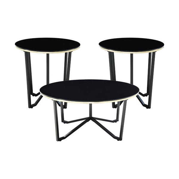 Amyra 3pc Occasional Coffee and End Table Set, Black Glass, Gold -BM336355