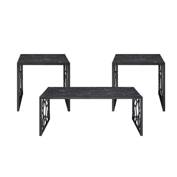 Melin 3pc Coffee and End Table Set, Geometric, Black Glass Marbled Top -BM336357
