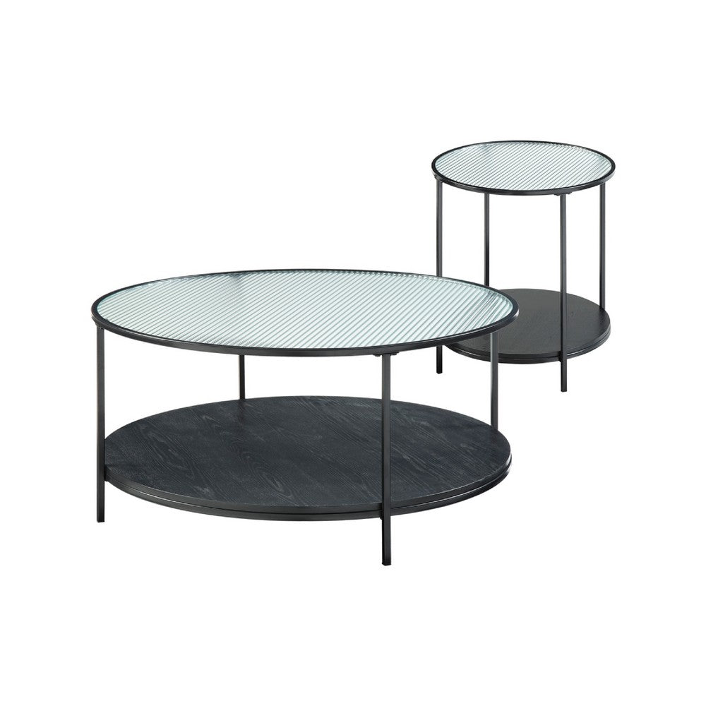 Deena 2pc Coffee and End Table Set, Fluted Glass Top, Black Metal -BM336358