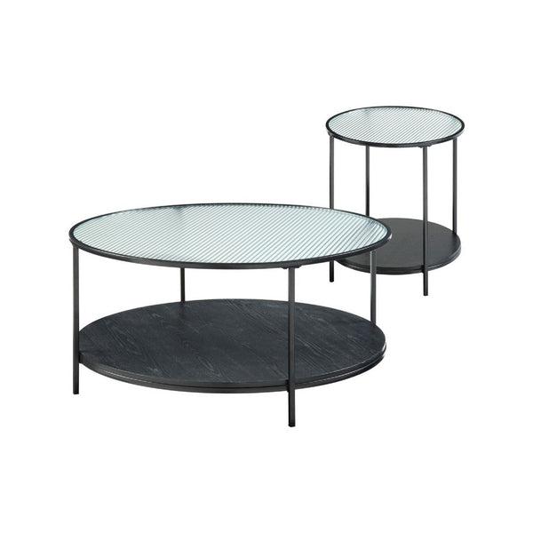 Deena 2pc Coffee and End Table Set, Fluted Glass Top, Black Metal -BM336358
