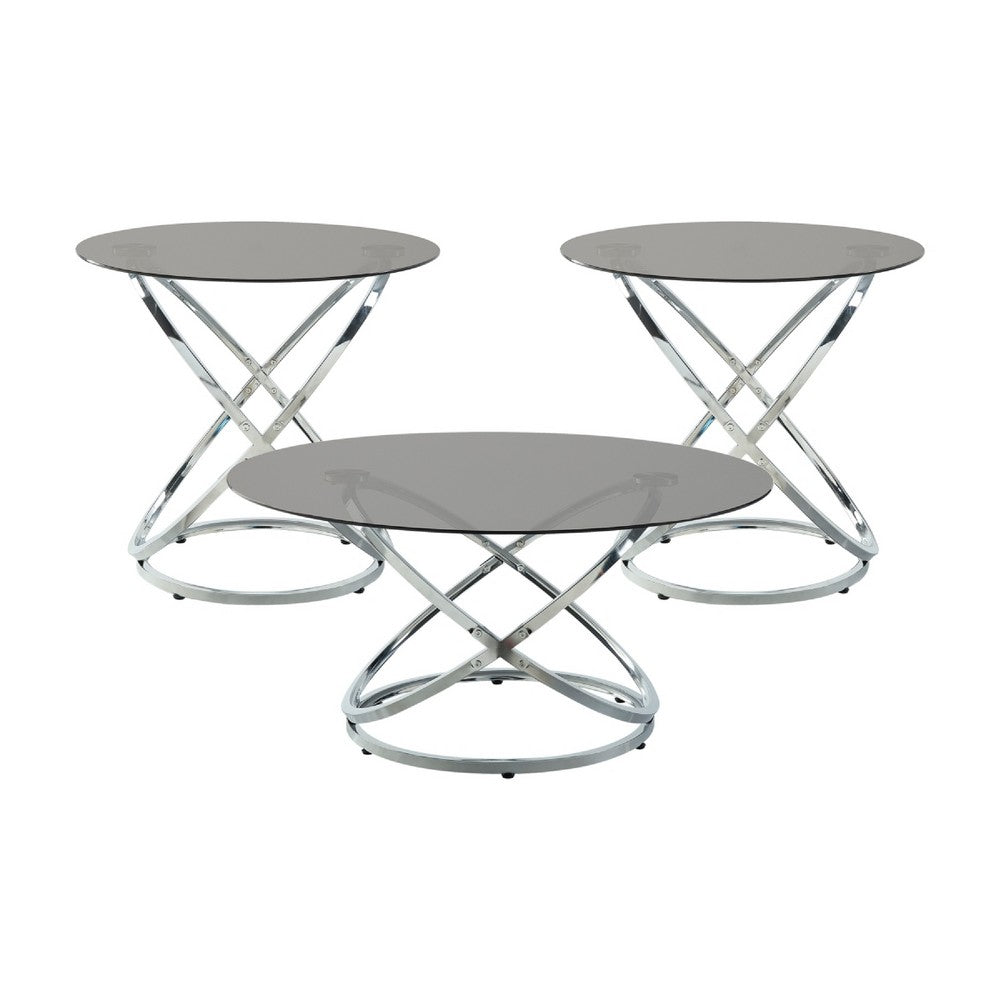 Marlyn 3pc Coffee End Table Set, Black Round Tempered Glass, Chrome -BM336359