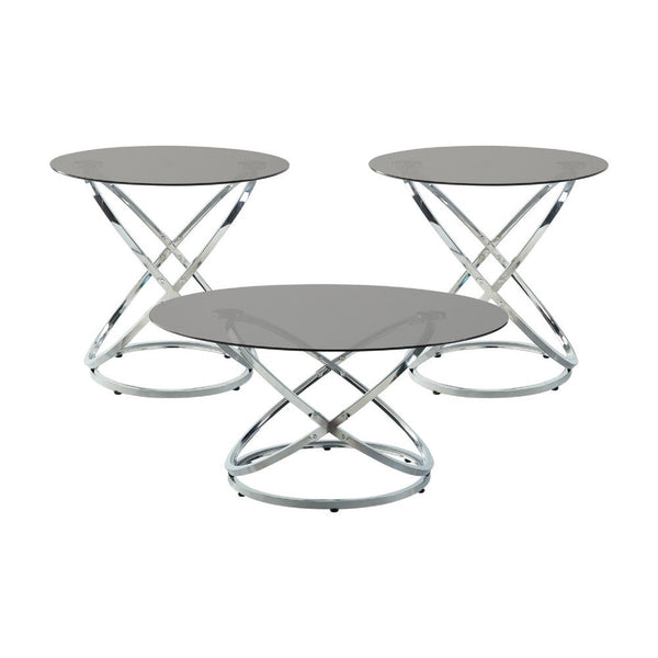 Marlyn 3pc Coffee End Table Set, Black Round Tempered Glass, Chrome -BM336359