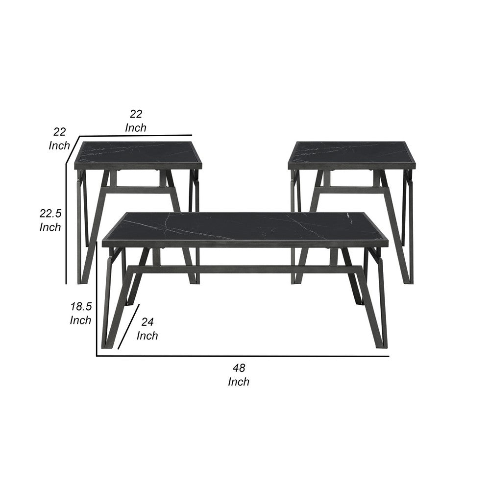 Howie 3pc Coffee and End Table Set, Black Sintered Stone, Bronze -BM336360