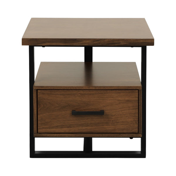 Voz Side End Table, Drawer and Open Shelf, Walnut Brown, Black 22 Inch -BM336362