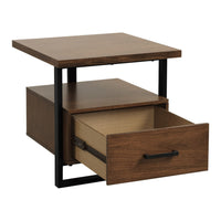 Voz Side End Table, Drawer and Open Shelf, Walnut Brown, Black 22 Inch -BM336362