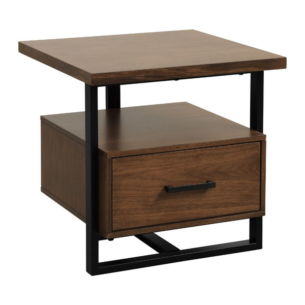 Voz Side End Table, Drawer and Open Shelf, Walnut Brown, Black 22 Inch -BM336362