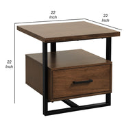 Voz Side End Table, Drawer and Open Shelf, Walnut Brown, Black 22 Inch -BM336362
