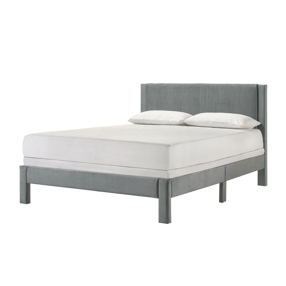 Cery Queen Size Platform Bed, Light Gray Upholstery Textured Headboard -BM336402