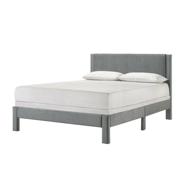 Cery Queen Size Platform Bed, Light Gray Upholstery Textured Headboard -BM336402