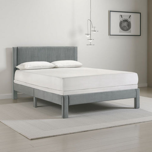 Cery Queen Size Platform Bed, Light Gray Upholstery Textured Headboard -BM336402