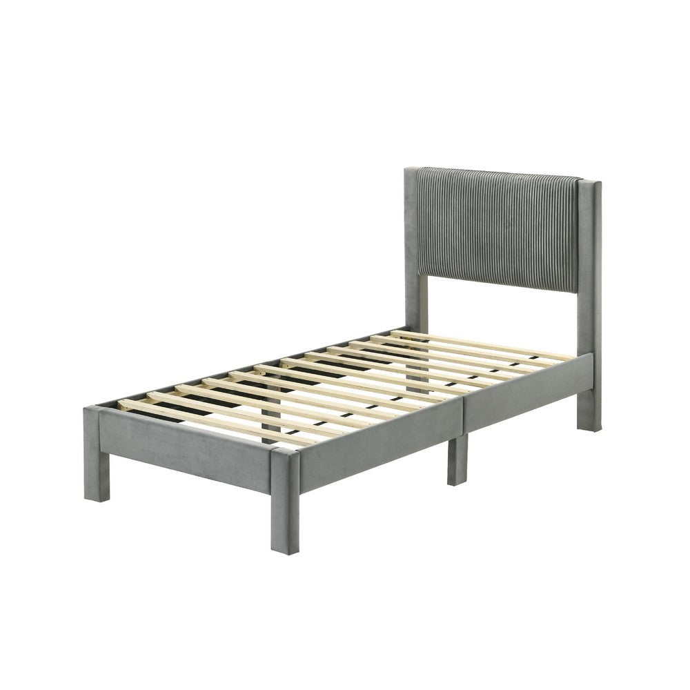 Cery Twin Size Platform Bed, Light Gray Upholstery, Textured Headboard -BM336403