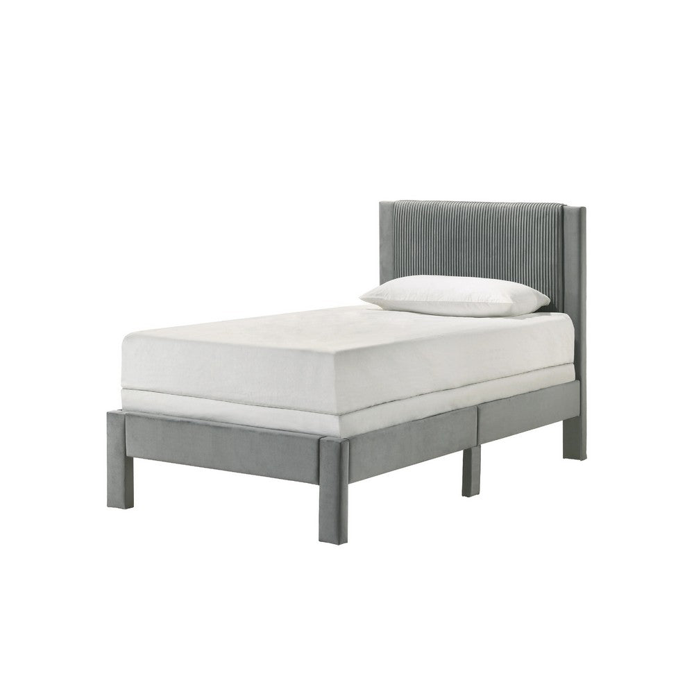 Cery Twin Size Platform Bed, Light Gray Upholstery, Textured Headboard -BM336403
