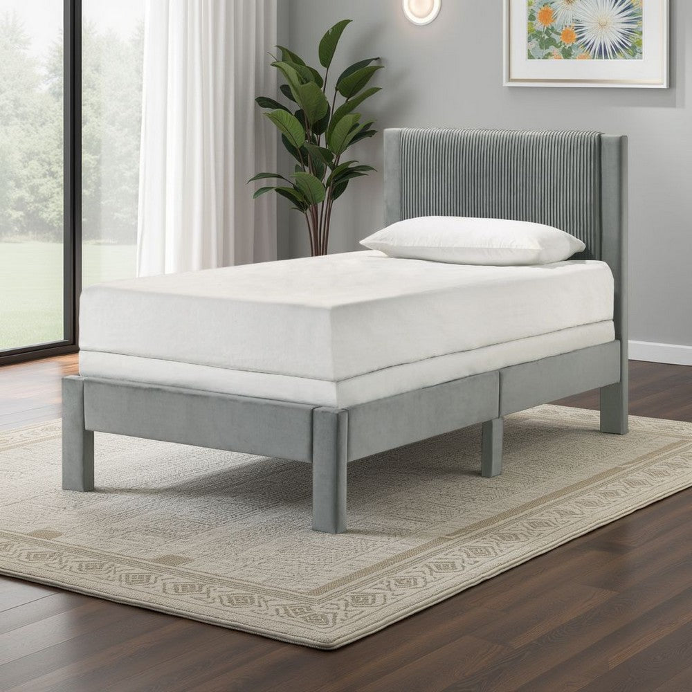 Cery Twin Size Platform Bed, Light Gray Upholstery, Textured Headboard -BM336403