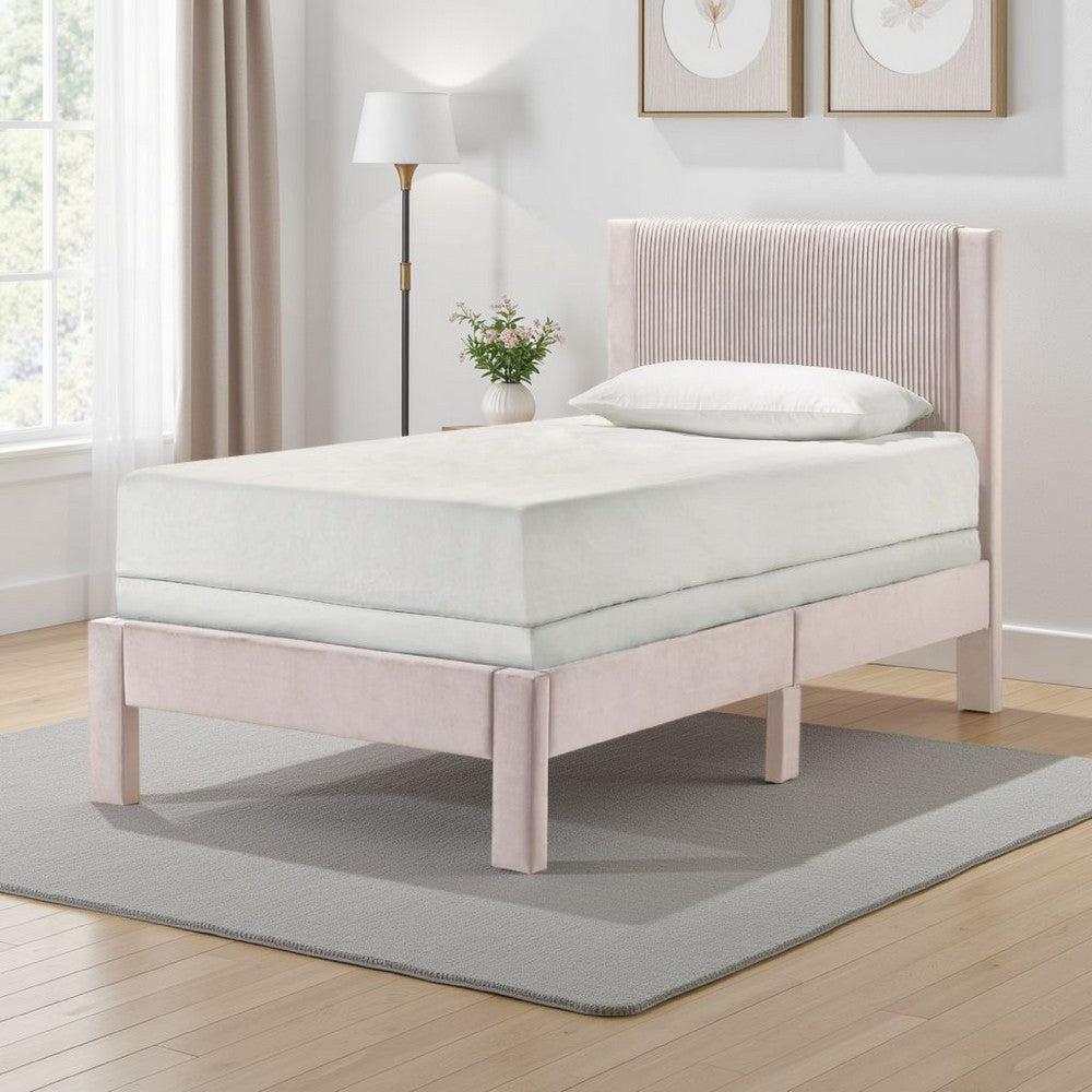 Cery Twin Size Platform Bed, Pink Upholstery, Textured Headboard -BM336406