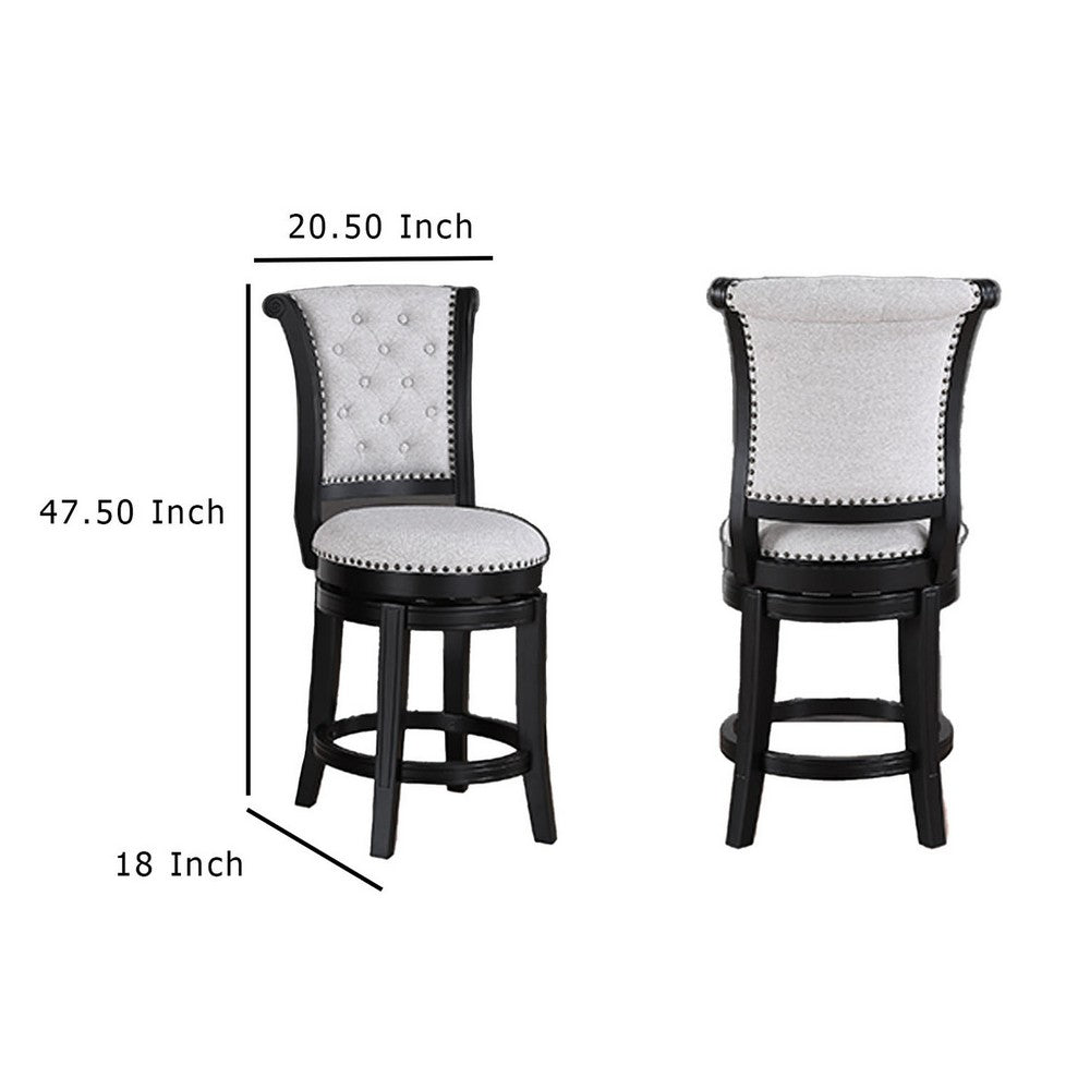 Vilz Set of 2 Swivel Counter Stool Chairs, Tufted Gray Linen, Black -BM336407