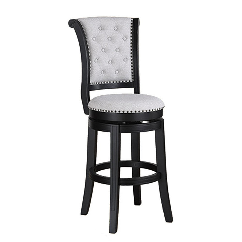 Vilz Set of 2 Swivel Barstool Chairs, Gray Linen, Tufted Back, Black -BM336408