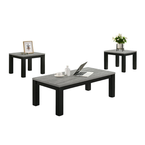 Tex 3pc Coffee and Side End Table Set, Gray Top, Black Wood Legs -BM336413