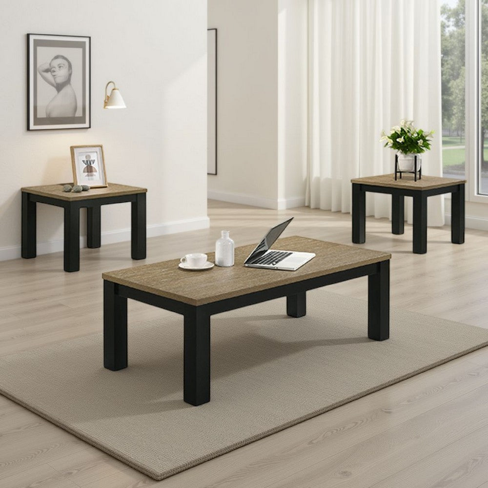 Tex 3pc Coffee and Side End Table Set | Brown Top | Black Wood Legs - BM336414