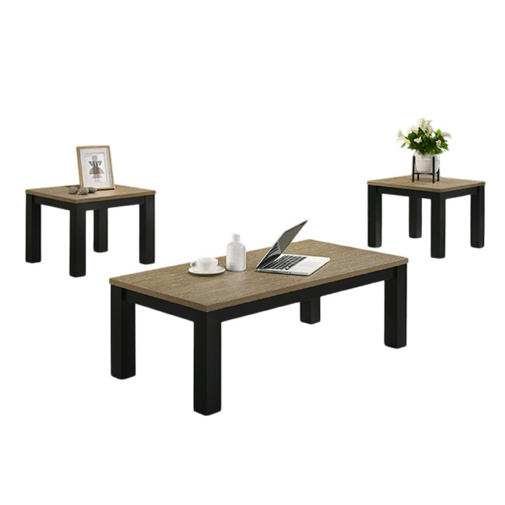 Tex 3pc Coffee and Side End Table Set | Brown Top | Black Wood Legs - BM336414