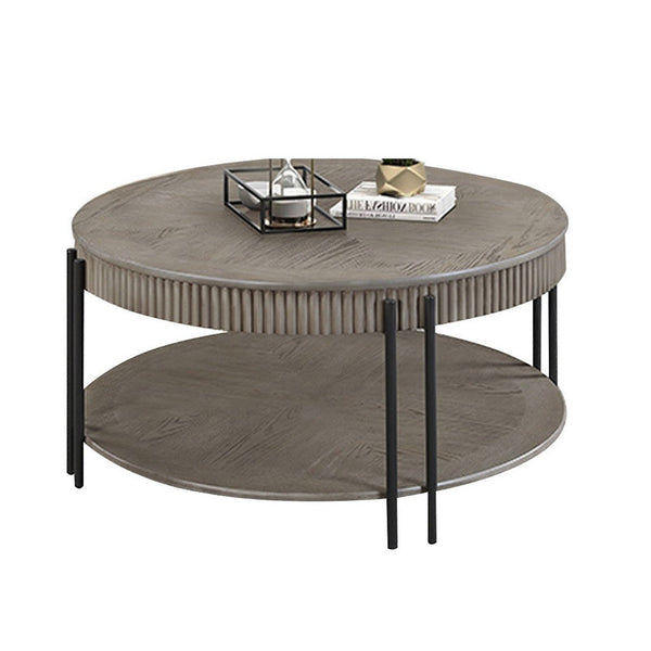 Pery Coffee Table, 38 Inch, Light Gray Round Top, Sleek Iron Legs -BM336415