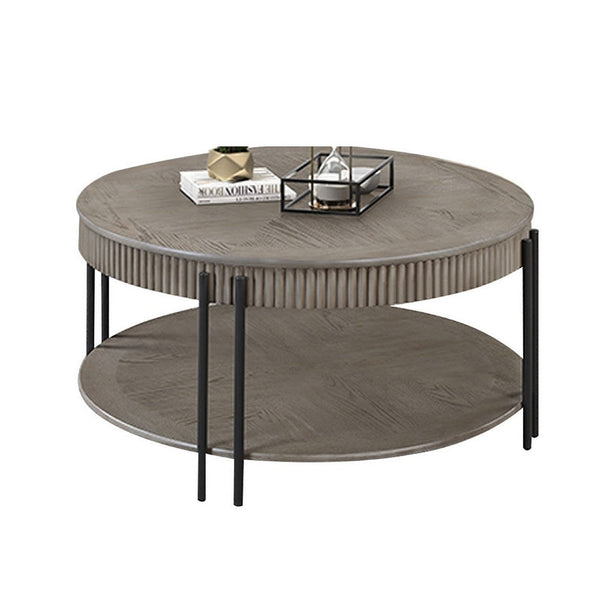 Pery Coffee Table, 38 Inch, Light Gray Round Top, Sleek Iron Legs -BM336415