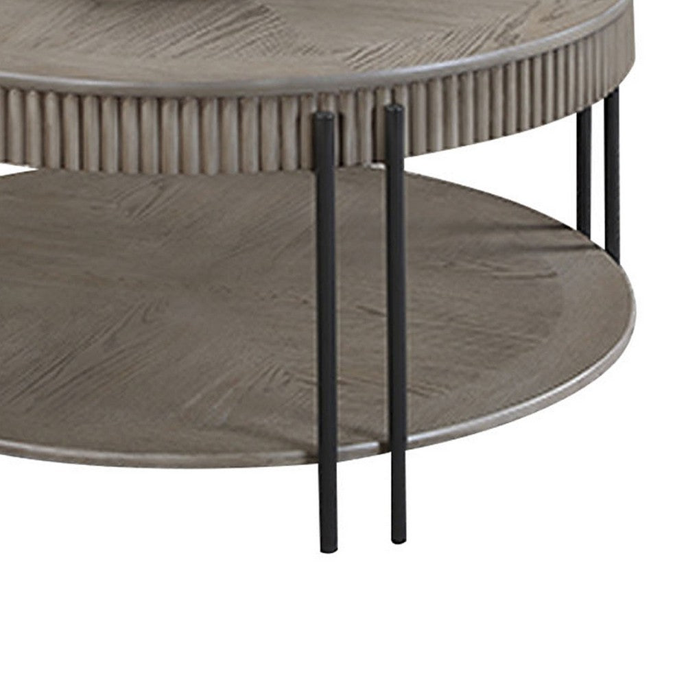Pery Coffee Table, 38 Inch, Light Gray Round Top, Sleek Iron Legs -BM336415