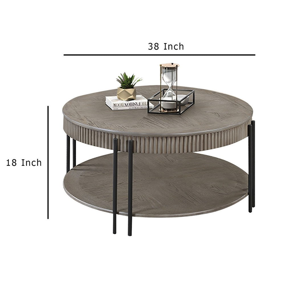 Pery Coffee Table, 38 Inch, Light Gray Round Top, Sleek Iron Legs -BM336415