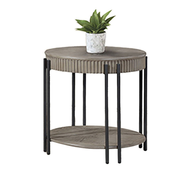 Pery Side End Table, 24 Inch, Light Gray Round Top, Sleek Iron Legs -BM336416