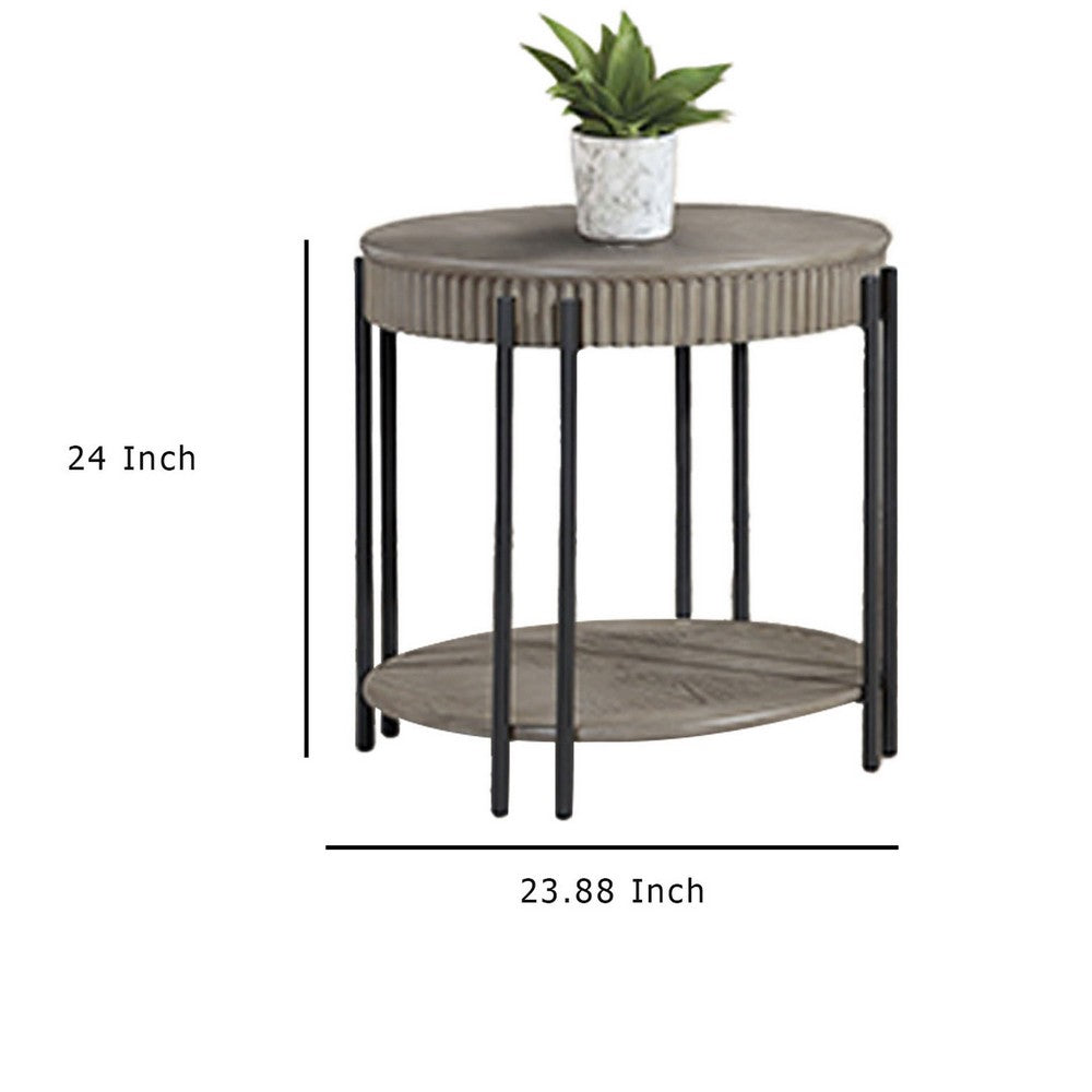 Pery Side End Table, 24 Inch, Light Gray Round Top, Sleek Iron Legs -BM336416