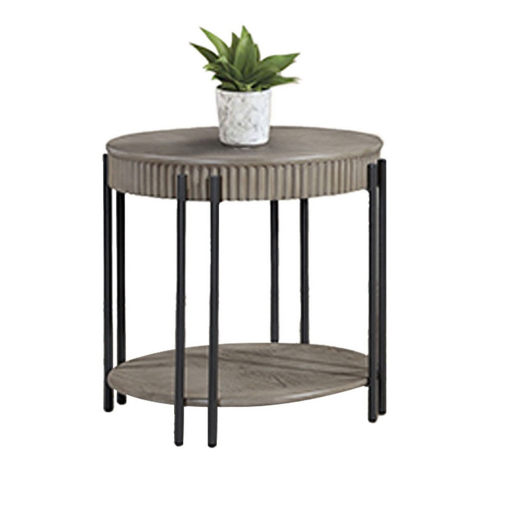 Pery Side End Table, 24 Inch, Light Gray Round Top, Sleek Iron Legs -BM336416