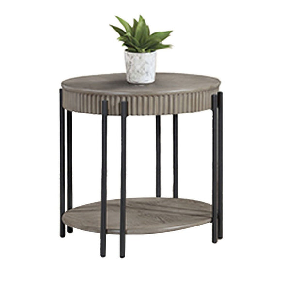 Pery Side End Table, 24 Inch, Light Gray Round Top, Sleek Iron Legs -BM336416
