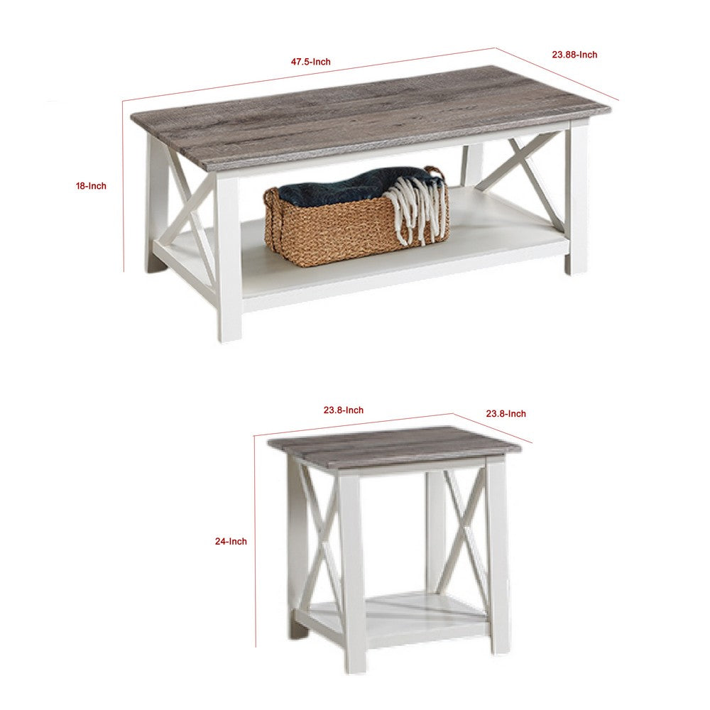Heo 3pc Coffee and Side End Table Set, Gray Wood Top, White X Legs -BM336423