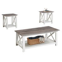 Heo 3pc Coffee and Side End Table Set, Gray Wood Top, White X Legs -BM336423