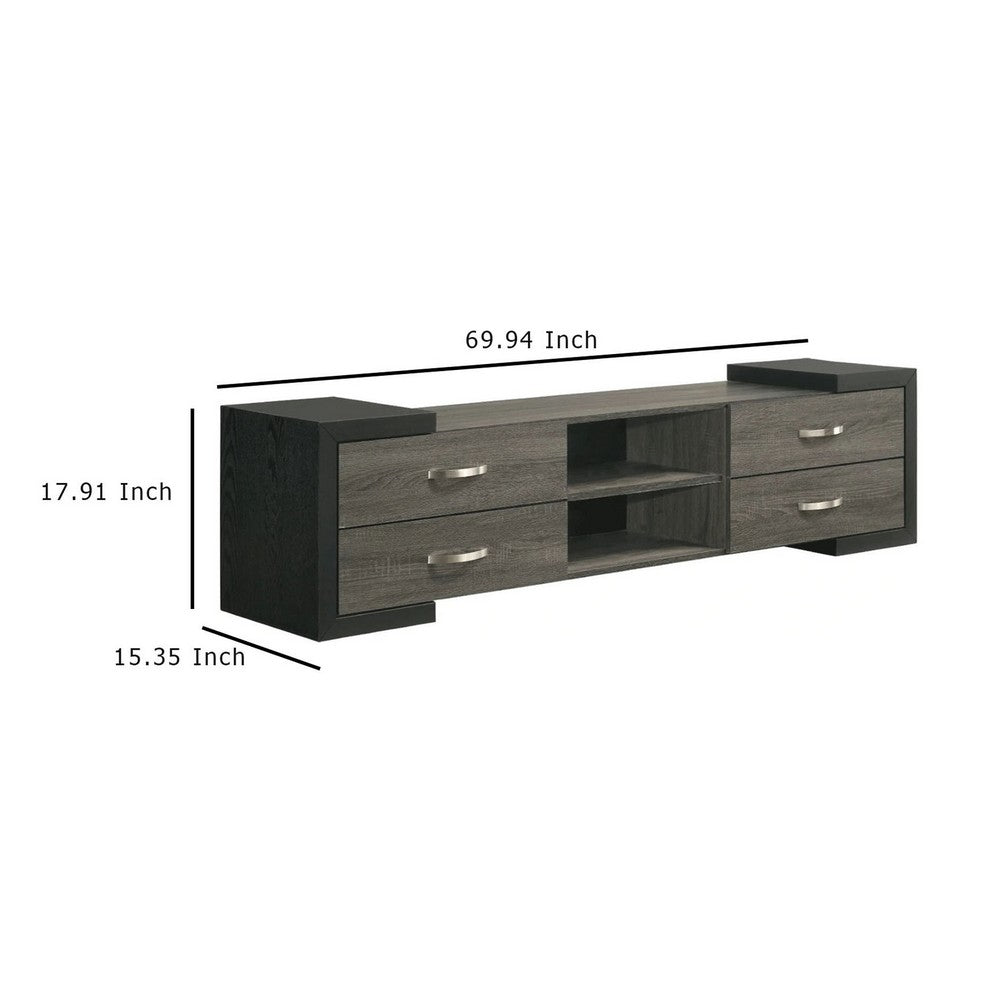 Teny TV Stand Media Cabinet, 70 Inch, 4 Drawers, Black Edge, Gray Wood -BM336425
