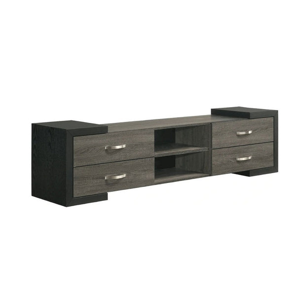 Teny TV Stand Media Cabinet, 70 Inch, 4 Drawers, Black Edge, Gray Wood -BM336425