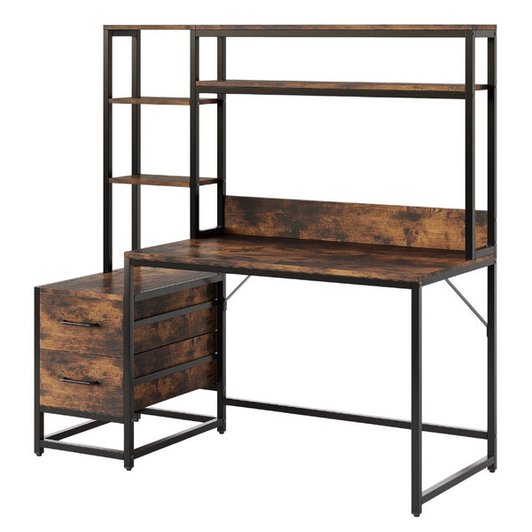 Computer Desk w Hutch, 2 Drawers, Display Shelves, Brown, Black Metal -BM336899