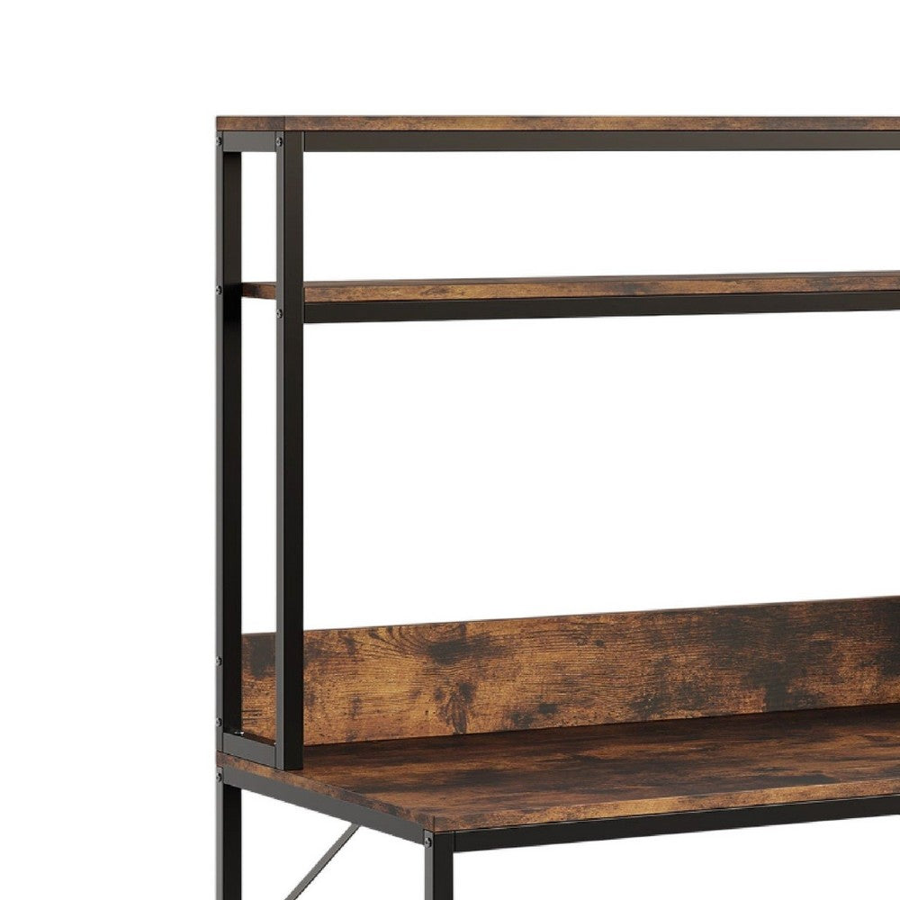 Computer Desk w Hutch, 2 Drawers, Display Shelves, Brown, Black Metal -BM336899