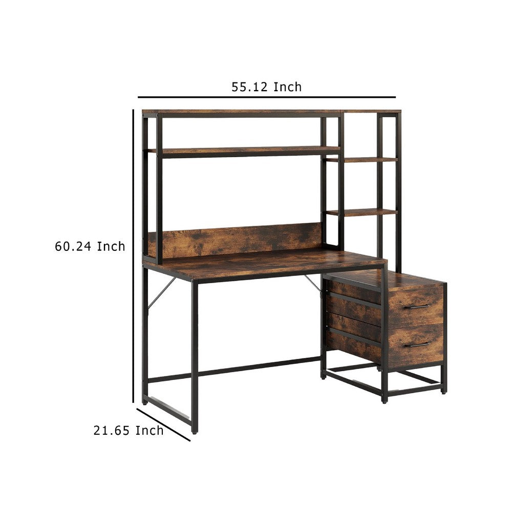 Computer Desk w Hutch, 2 Drawers, Display Shelves, Brown, Black Metal -BM336899