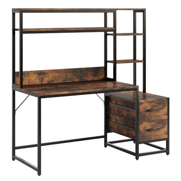 Computer Desk w Hutch, 2 Drawers, Display Shelves, Brown, Black Metal -BM336899