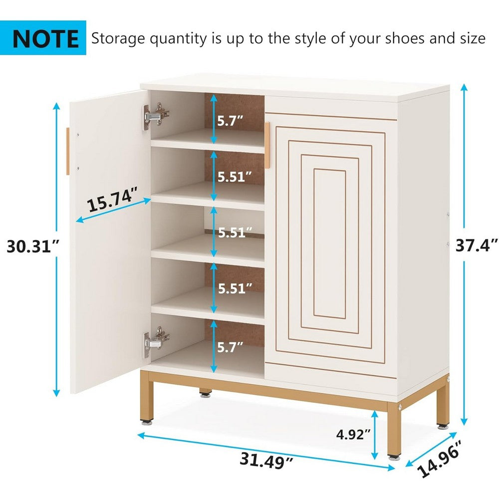 Entryway Shoe Cabinet with 2 Doors, 5 Tier, 37 Inch White and Gold -BM336902
