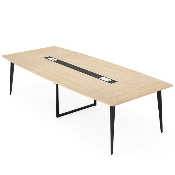 Office Conference Table, 71 Inch Light Brown Boat Shaped, Black Metal  -BM336904