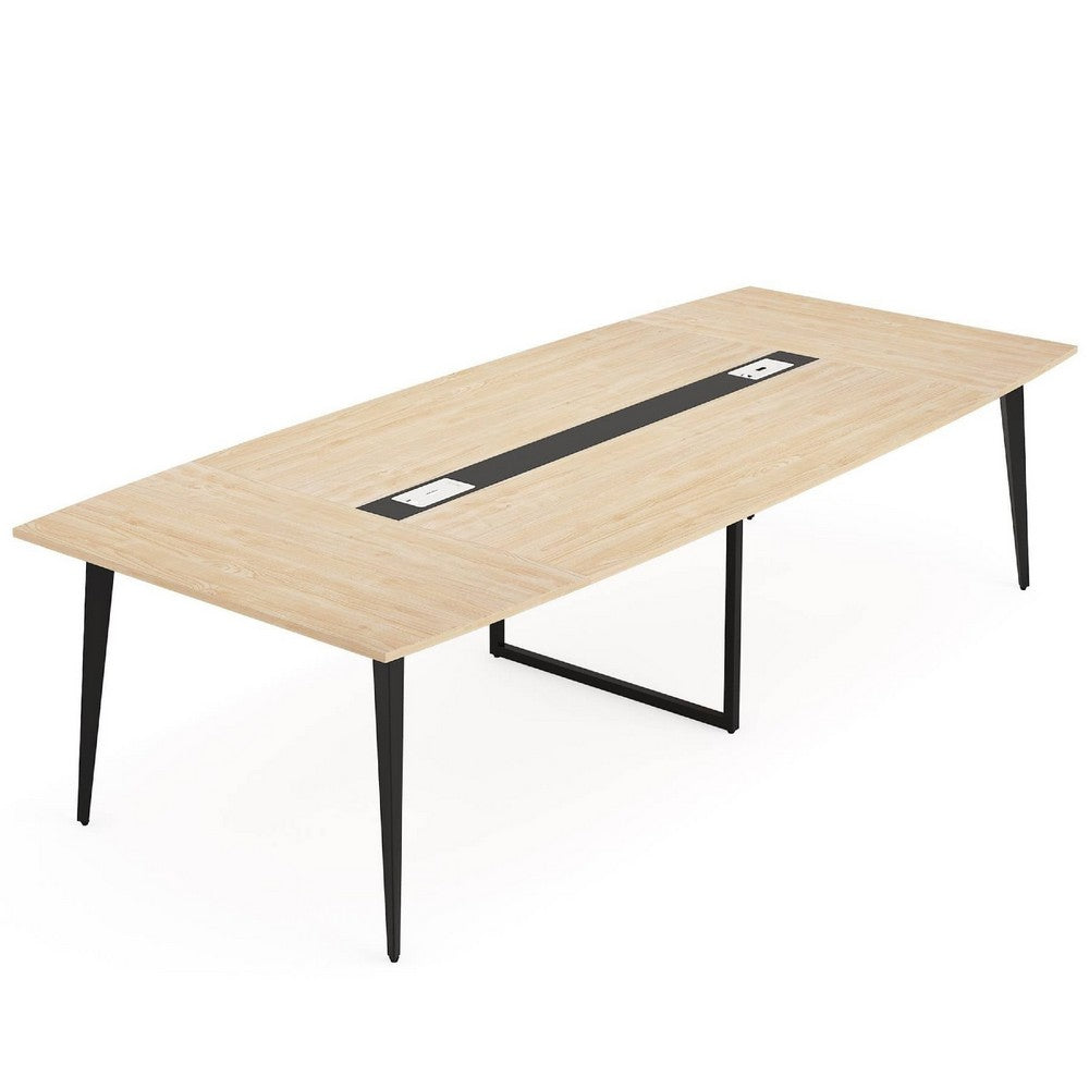 Office Conference Table, 71 Inch Light Brown Boat Shaped, Black Metal  -BM336904
