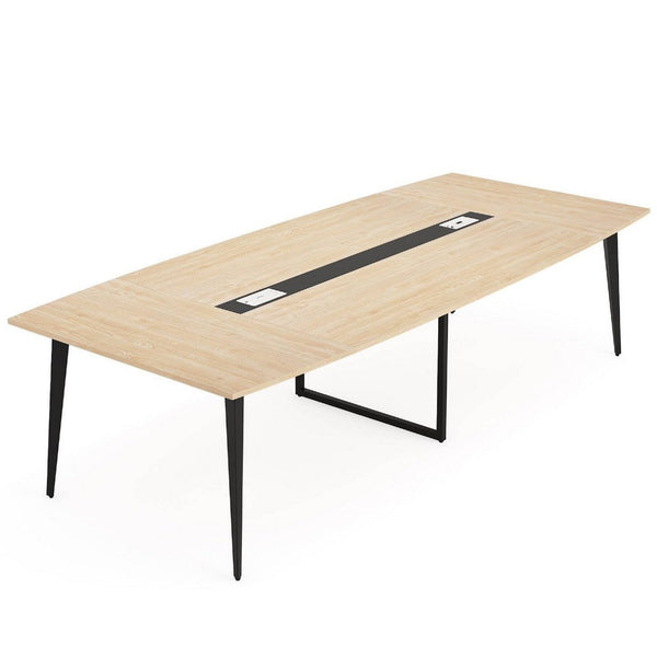Office Conference Table, 71 Inch Light Brown Boat Shaped, Black Metal  -BM336904