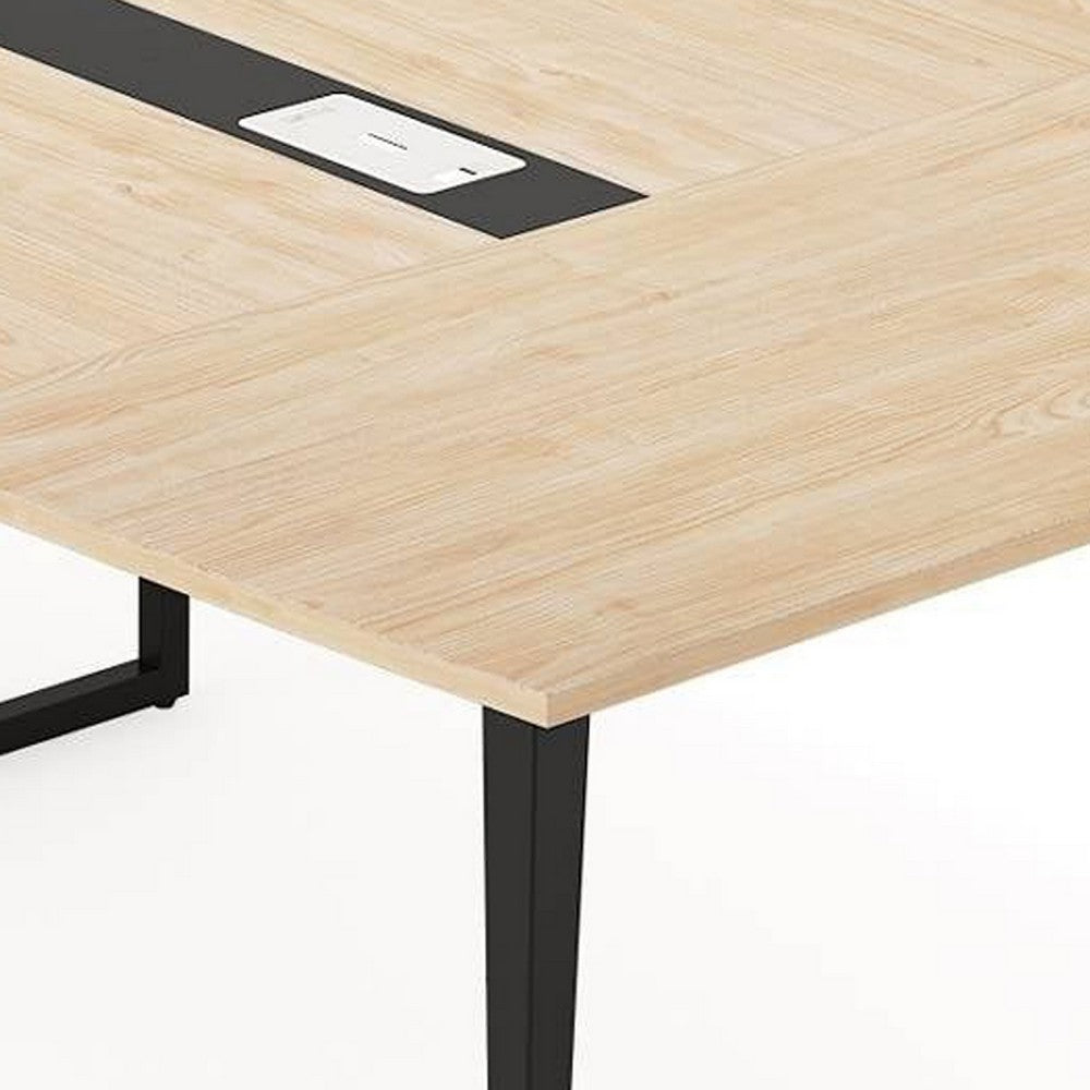 Office Conference Table, 71 Inch Light Brown Boat Shaped, Black Metal  -BM336904