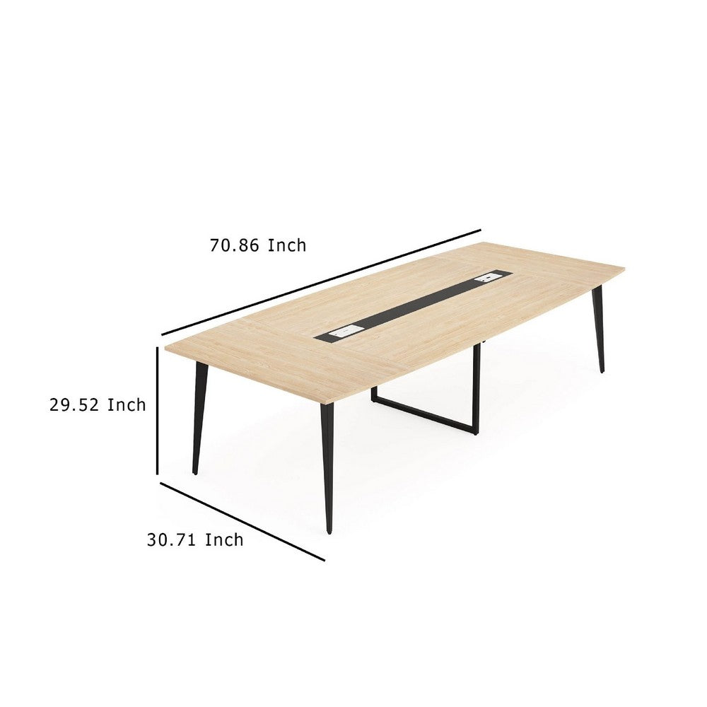 Office Conference Table, 71 Inch Light Brown Boat Shaped, Black Metal  -BM336904